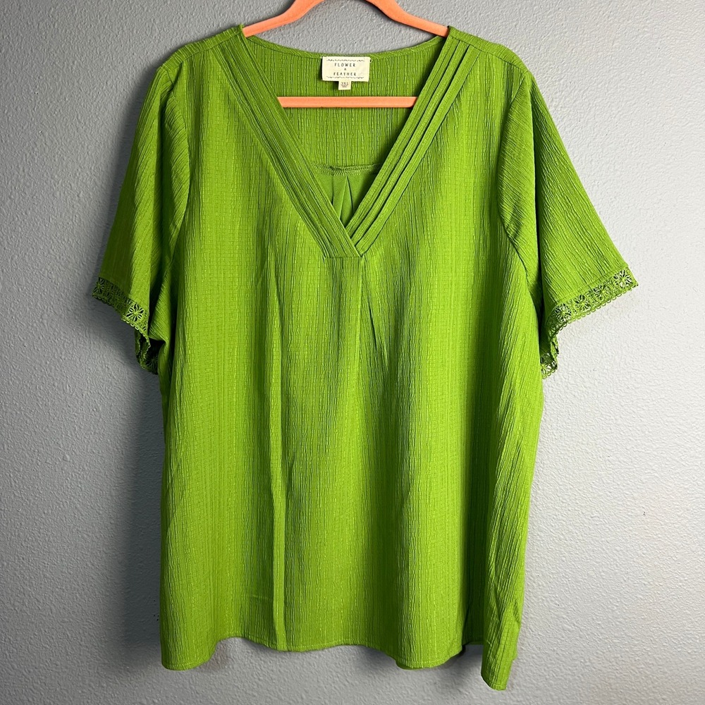 Flower & Feather Green Tunic Top Crochet Trim V-Neck‎ Short Sleeve Church 3XL
